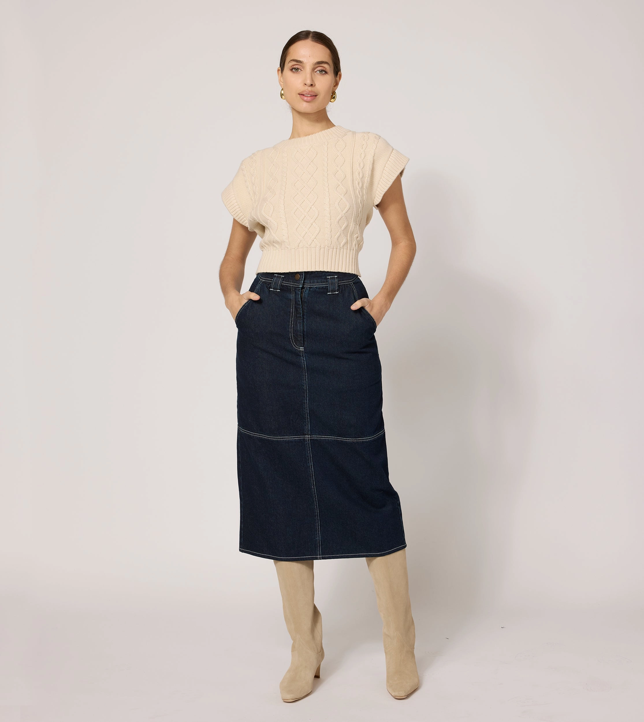 HeatPressedLogos Flatlock Stitching Technique Sue Midi Skirt | Dark Denim