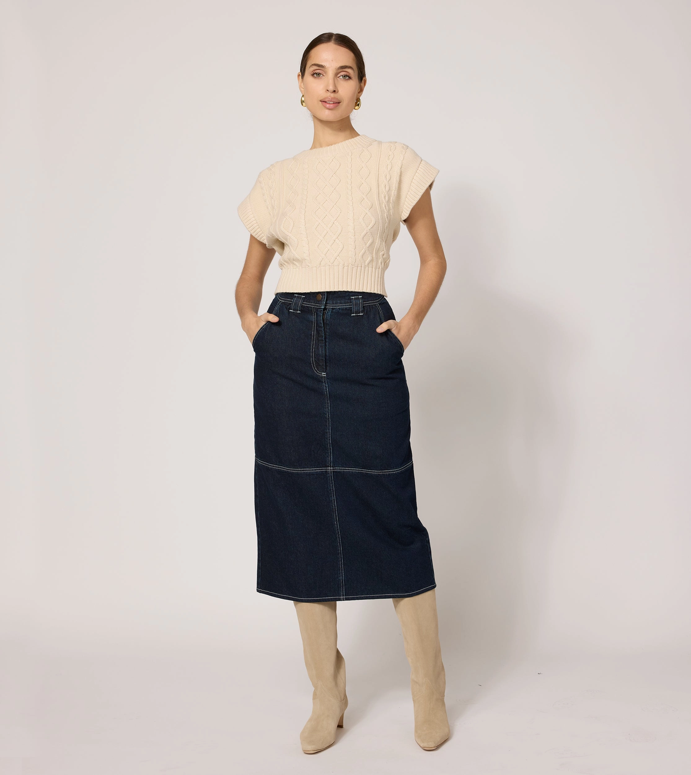 Playful Vibe Silicone Grip Trim Sue Midi Skirt | Dark Denim