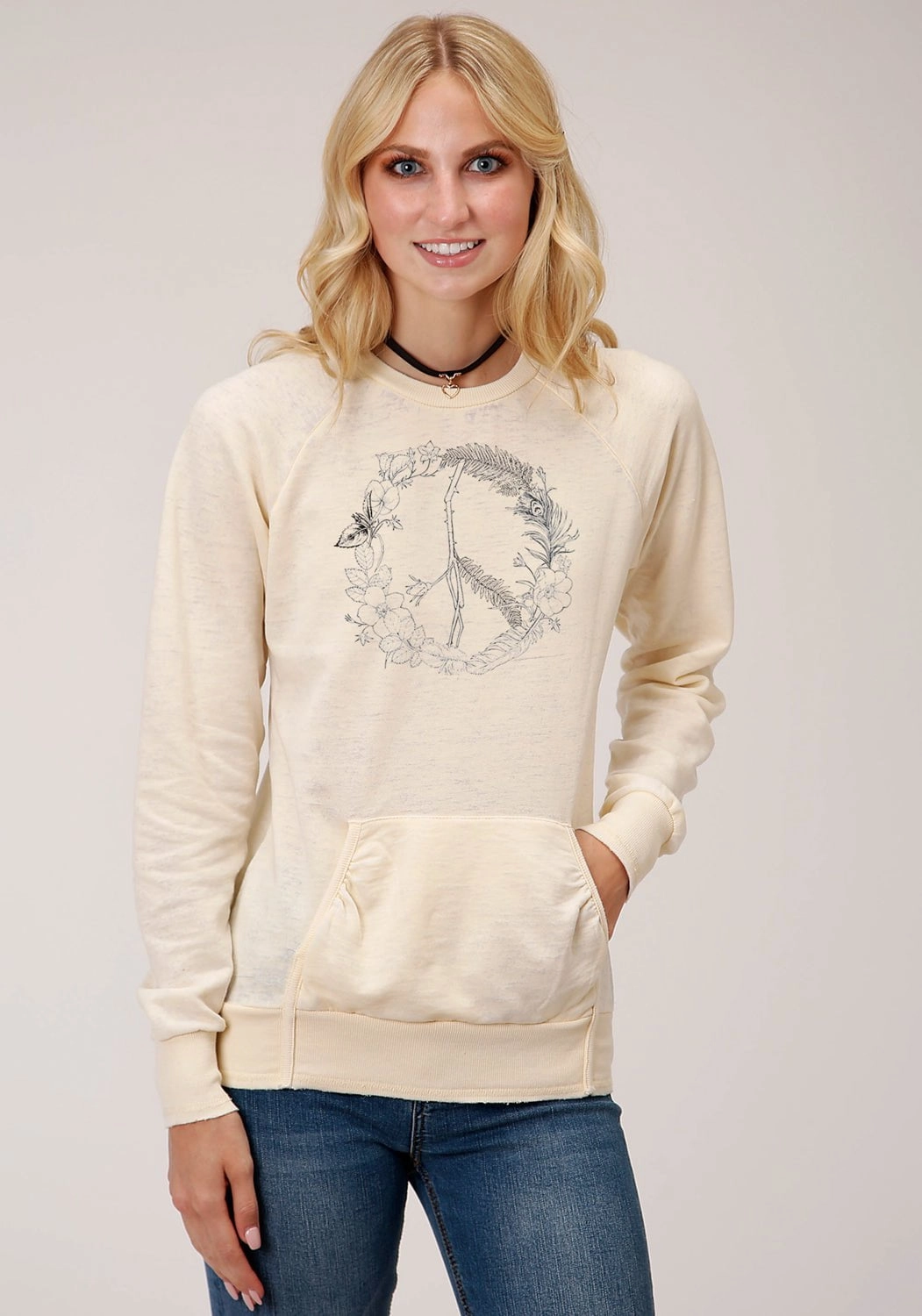 Chilly Day Knitwear Roper Womens Cream Cotton Blend Peace Sign Wreath Sweatshirt