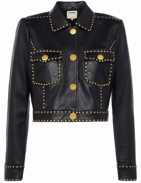 PRE-ORDER-L'AGENCE Winsome Studded Leather Jacket Anti Static Weave Hooded Attachment
