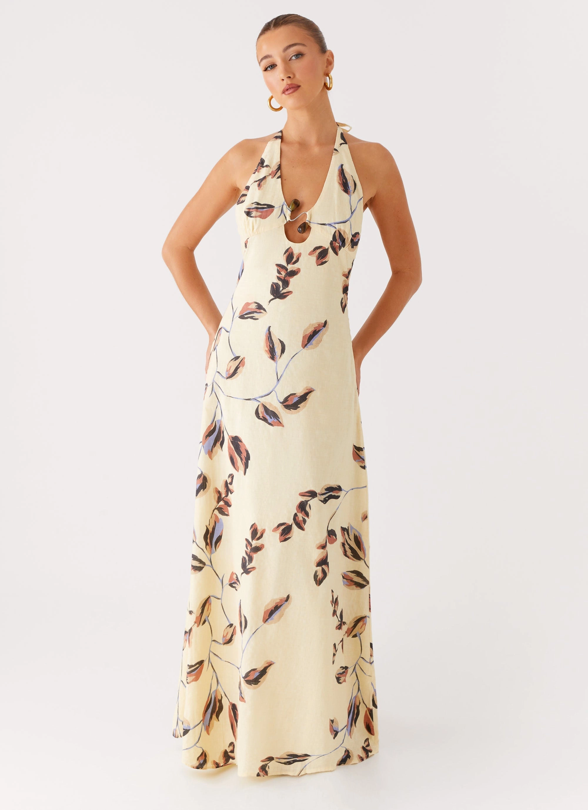 Elvina Halter Neck Maxi Dress - Buttercream Bliss Neutral Feel Smart Outfit