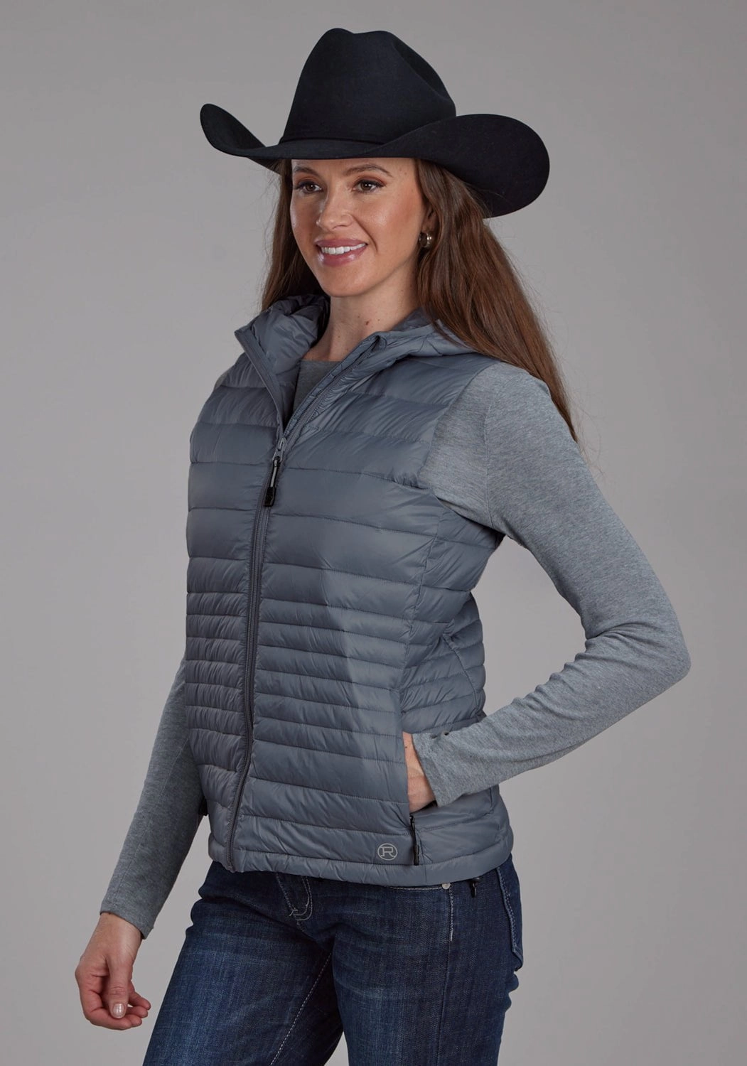 Roper Womens Parachute Down Silver Blue 100% Nylon Softshell Vest Layered Look Weekend Ready