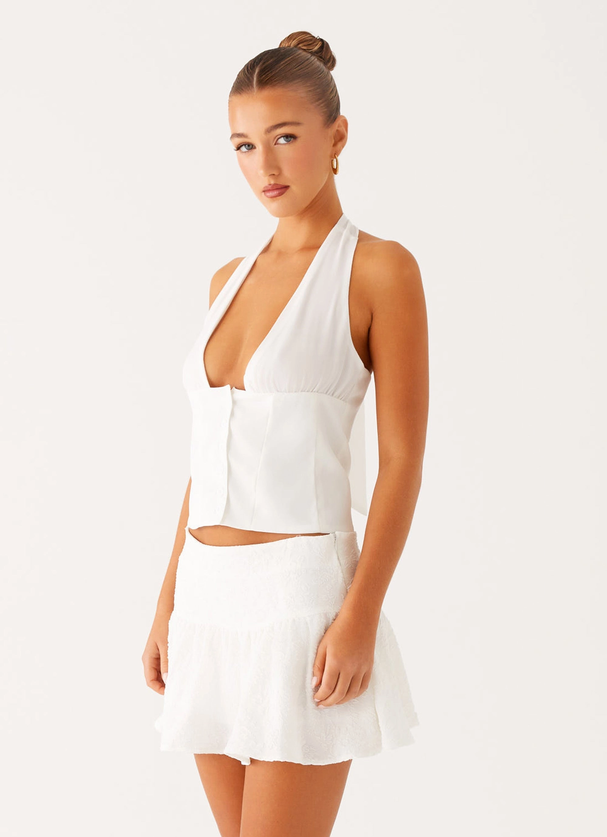 Non Closure Collar Lets Pretend Halterneck Top - White