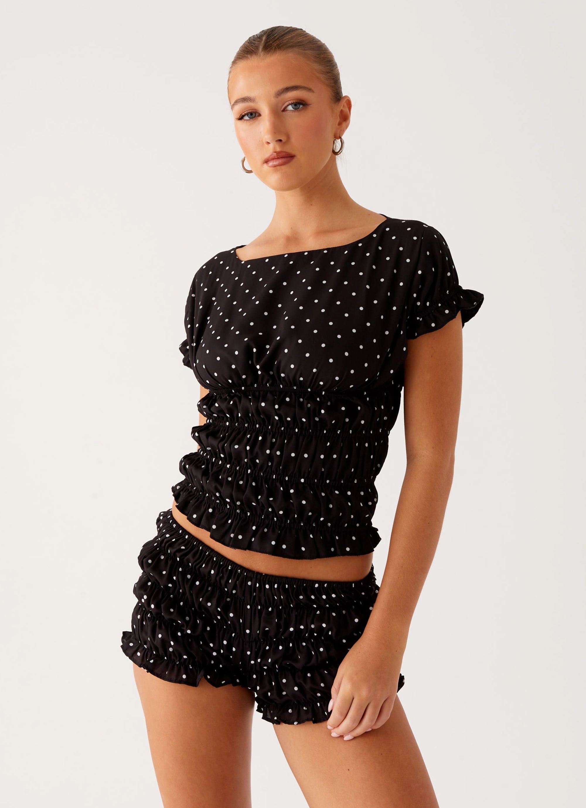 Natalia Ruched Top - Black Polka Dot LowImpact Manufacturing Erasable Surface Coating