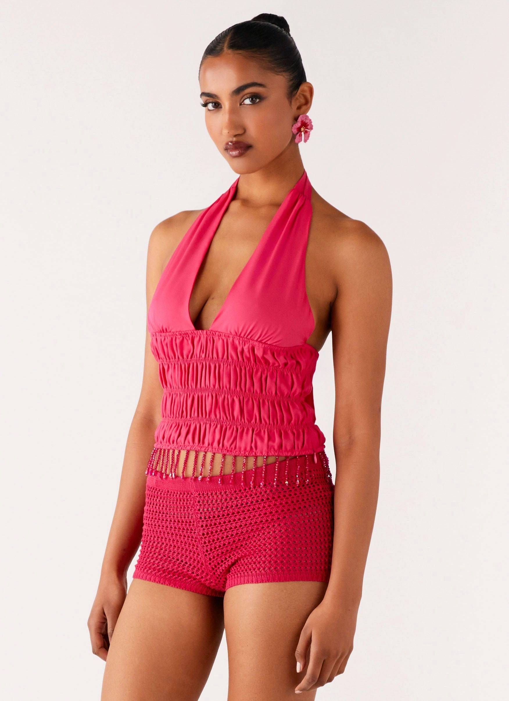Soft Touch Feel MinimalistAesthetic Teuila Beaded Top - Fuchsia