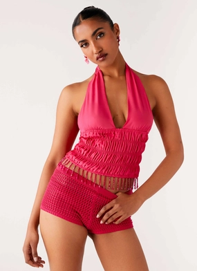 All Weather Performance Fabric Tactile Soft Texture Teuila Beaded Top - Fuchsia