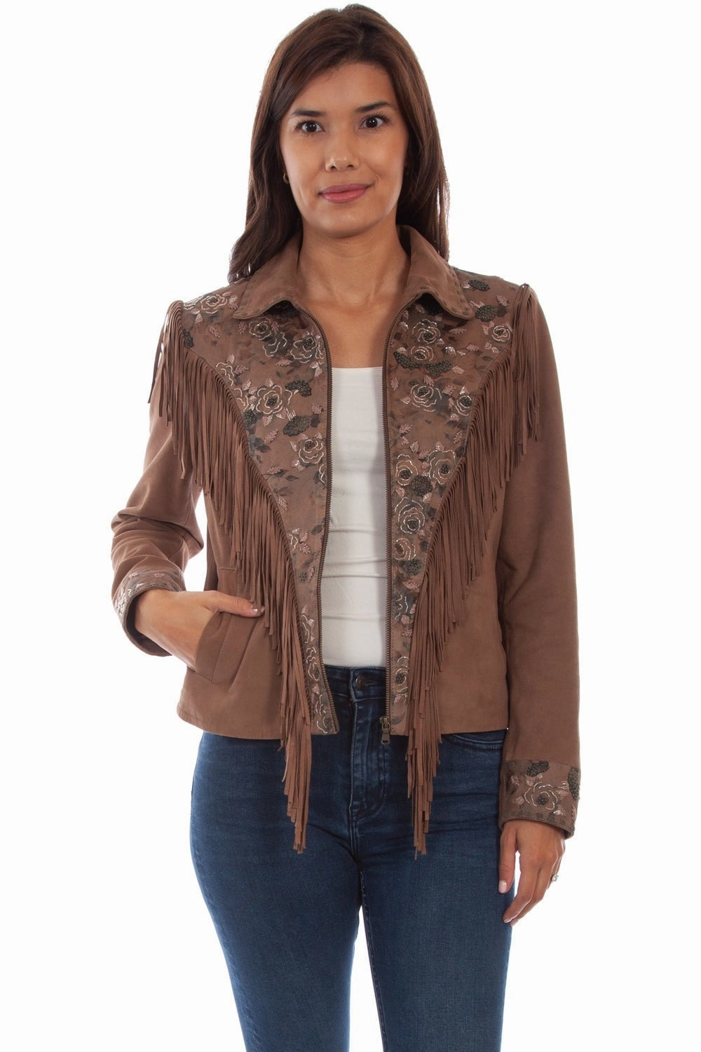 Scully Womens Sand Leather Beaded Yoke Jacket Easy Clean Material