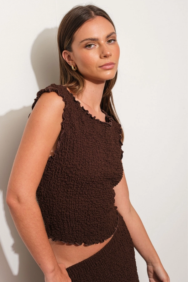 Clara Textured Boatneck Top - Brown Street Style DoubleStitched