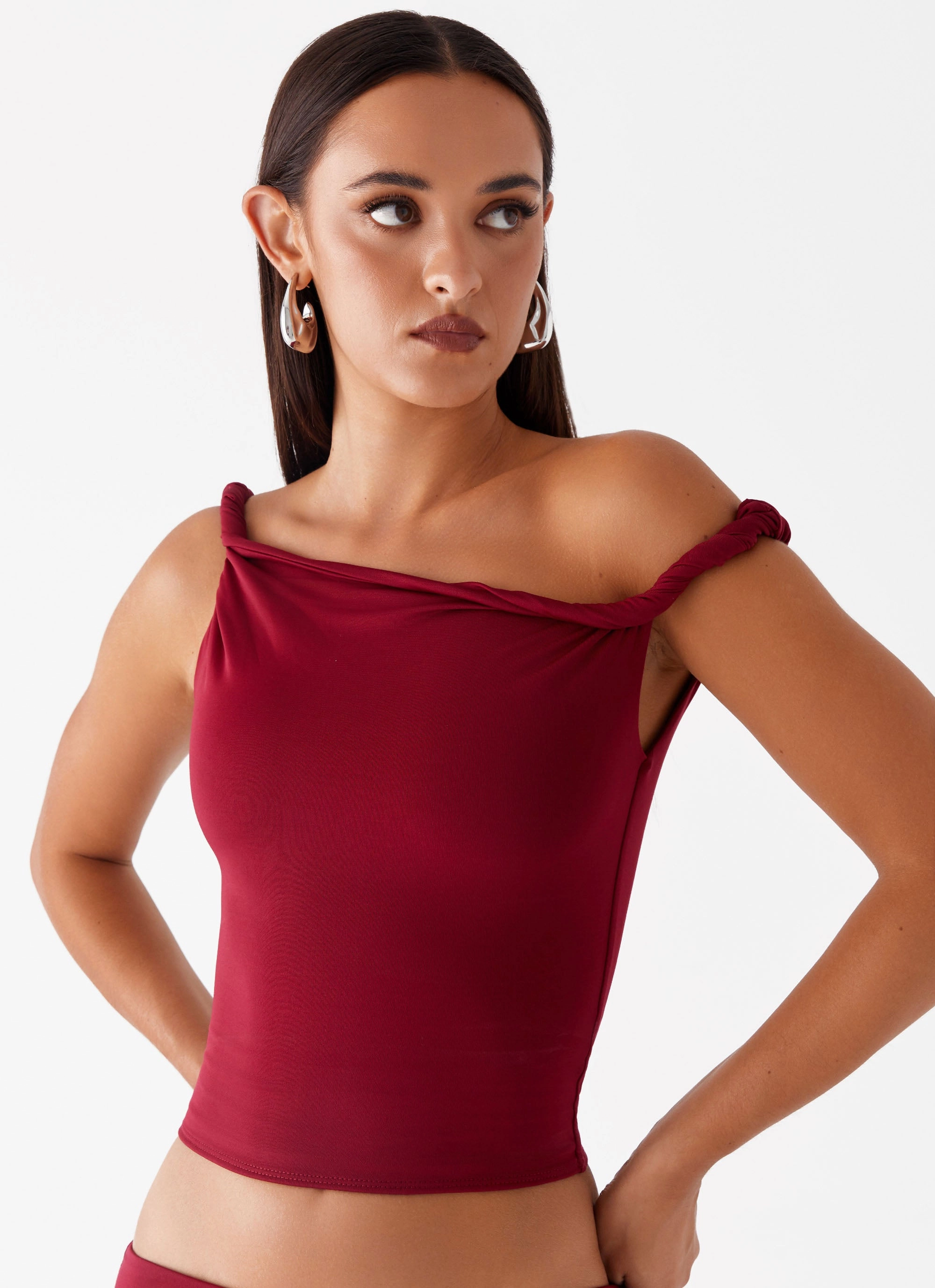 Solace Soul Twist Shoulder Top - Maroon Scoop Neck Shape