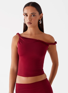 3D Spacer Fabric Solace Soul Twist Shoulder Top - Maroon