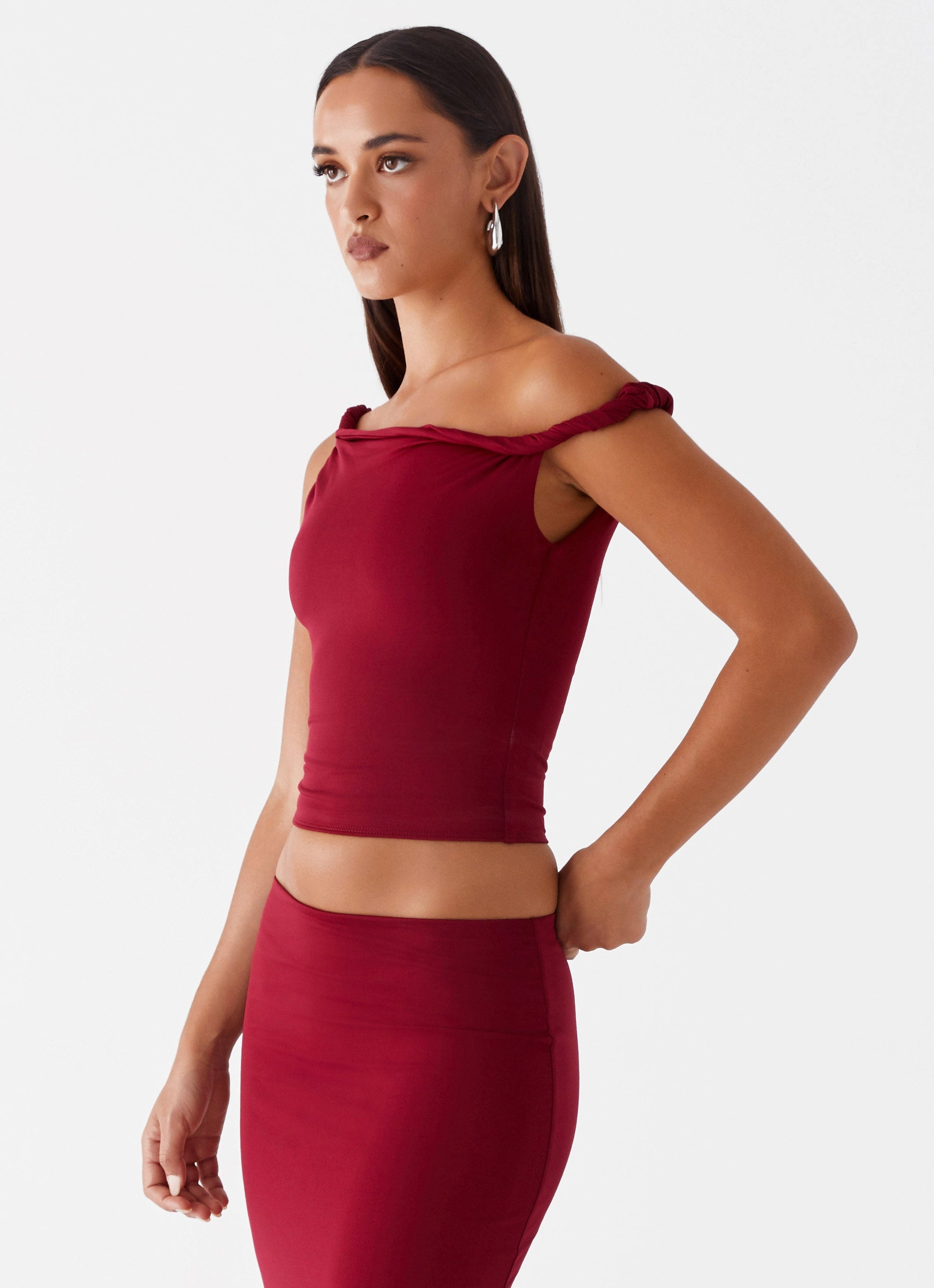 Reflective accents Solace Soul Twist Shoulder Top - Maroon