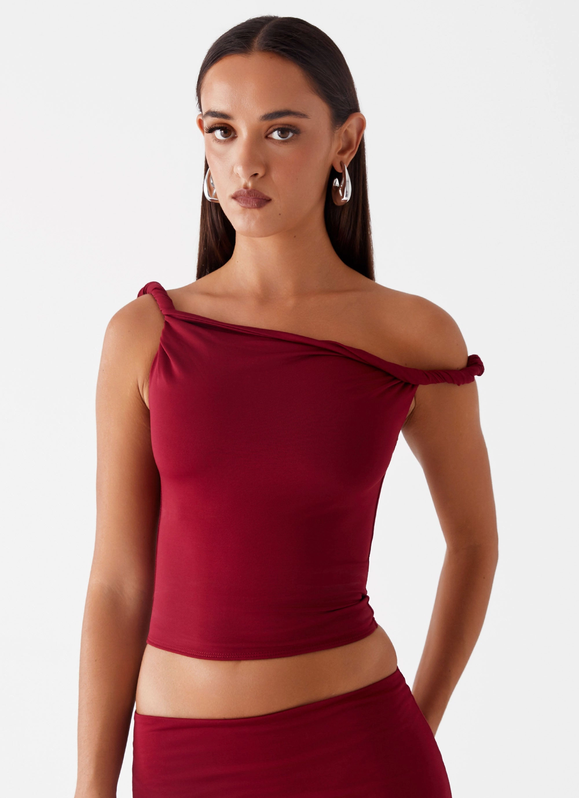 3D Spacer Fabric Solace Soul Twist Shoulder Top - Maroon