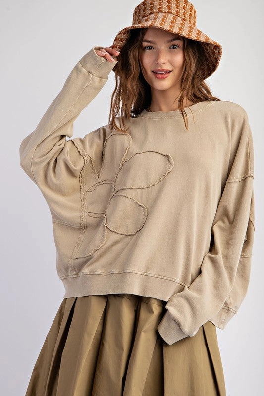 Reversible design FLORA FLOWER PATCH WASHED TERRY KNIT PULLOVER