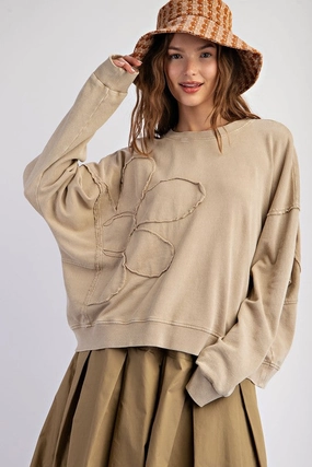 Flexible Shoulder Seams FLORA FLOWER PATCH WASHED TERRY KNIT PULLOVER