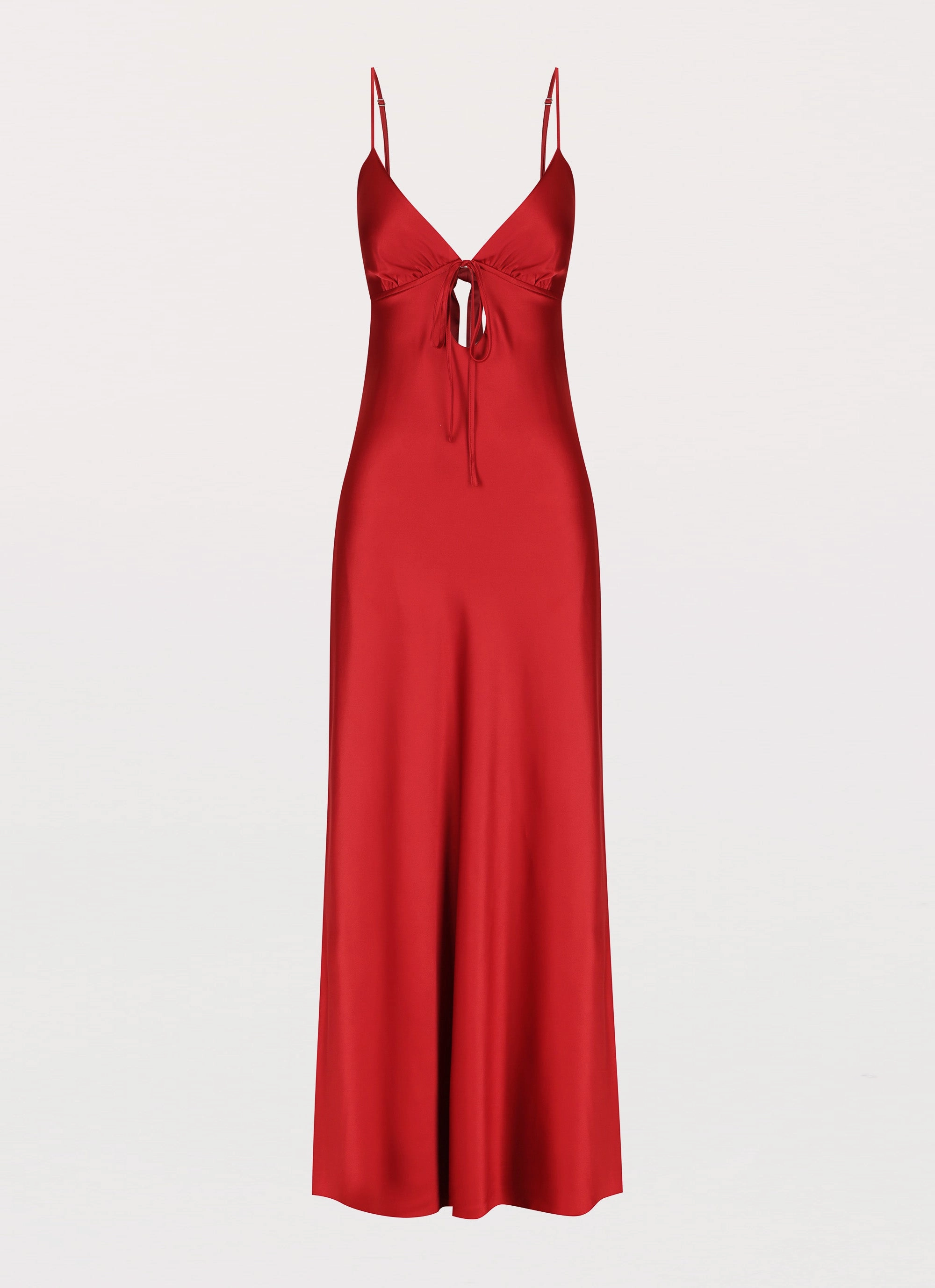 Flora Satin Maxi Dress - Cherry Feminine Look Ruffle Detail