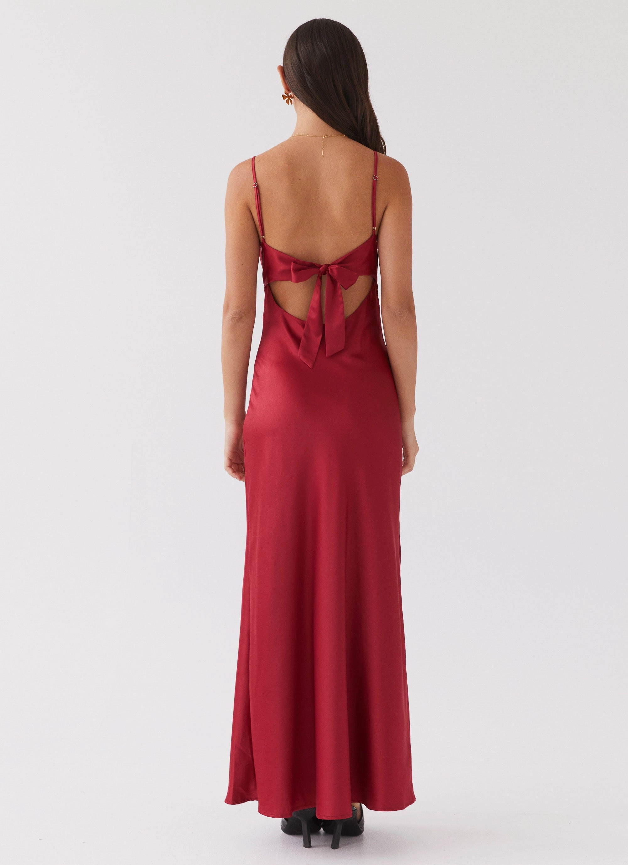 Flora Satin Maxi Dress - Cherry Relaxed Layers Bow-Detail