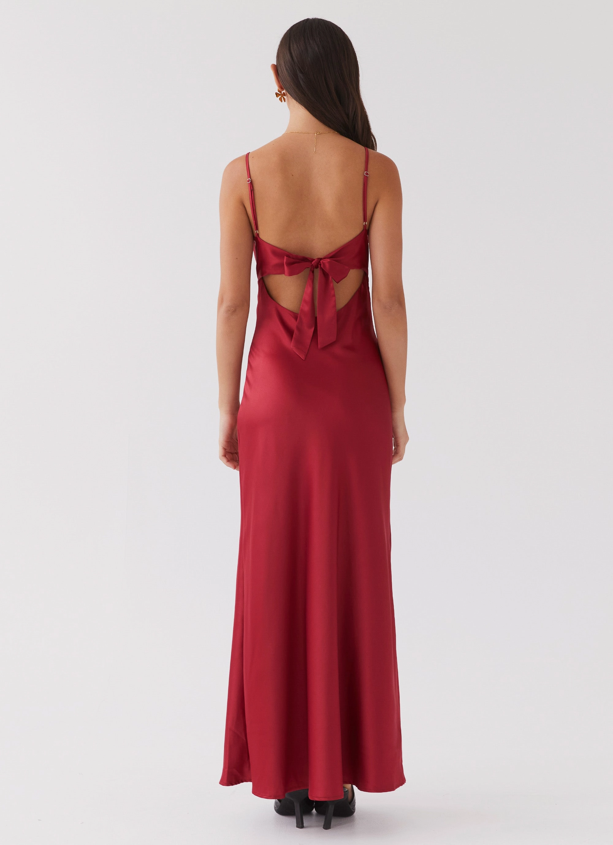 Shine Skin Feminine Cut Flora Satin Maxi Dress - Cherry