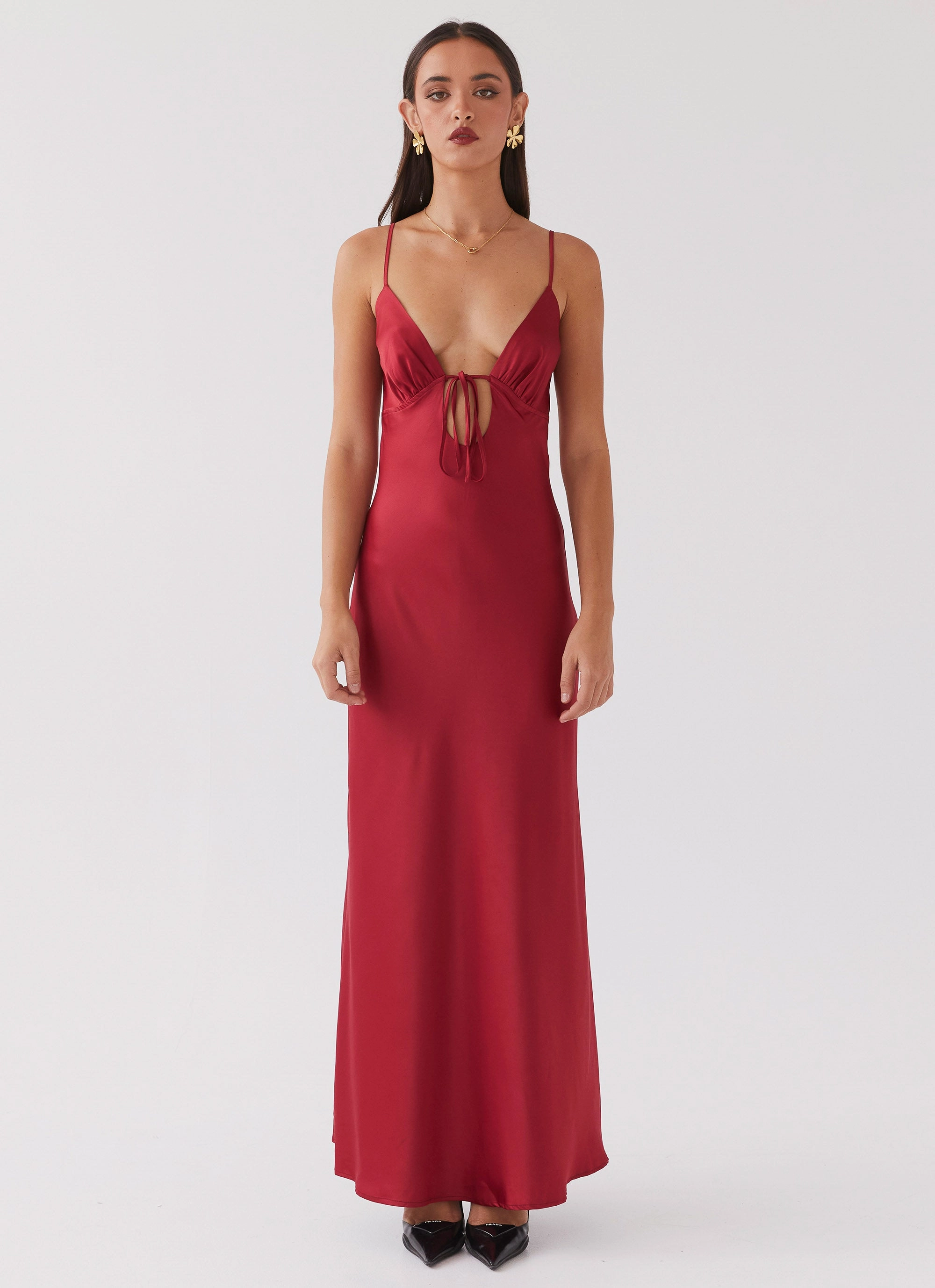 Flora Satin Maxi Dress - Cherry Feminine Details MoldResistantTexture