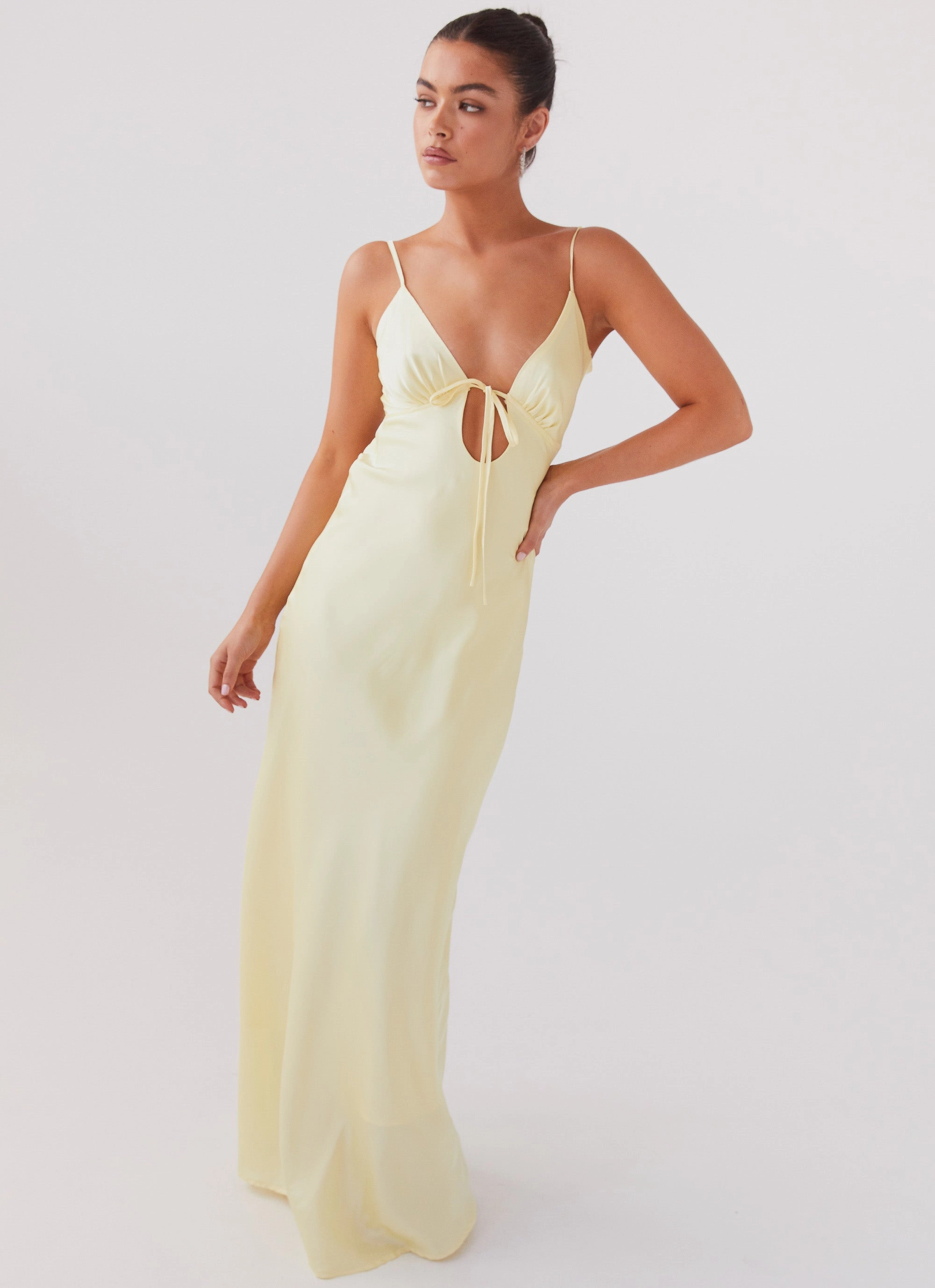 Flora Satin Maxi Dress - Lemon Curvy Glam Clean Chic