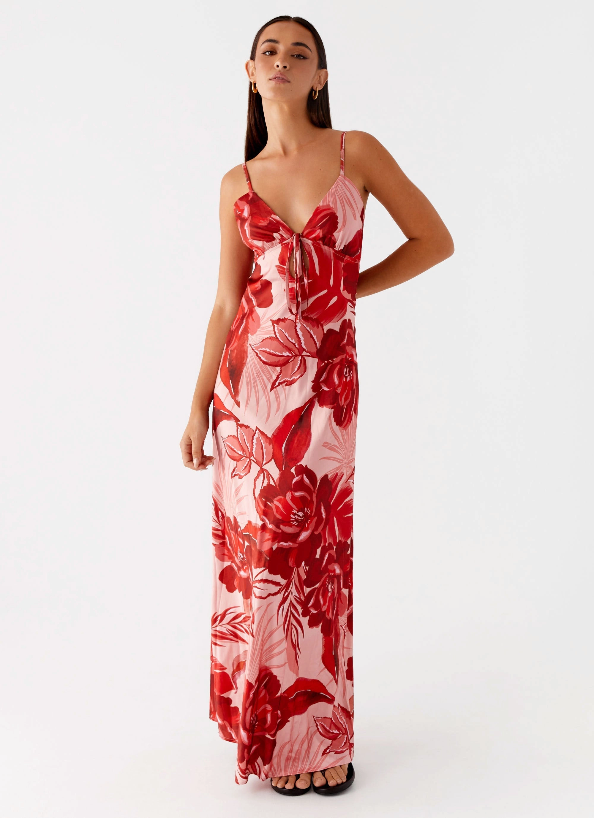 loose silhouette Smooth Tone Flora Satin Maxi Dress - Sicily Sunsets Print