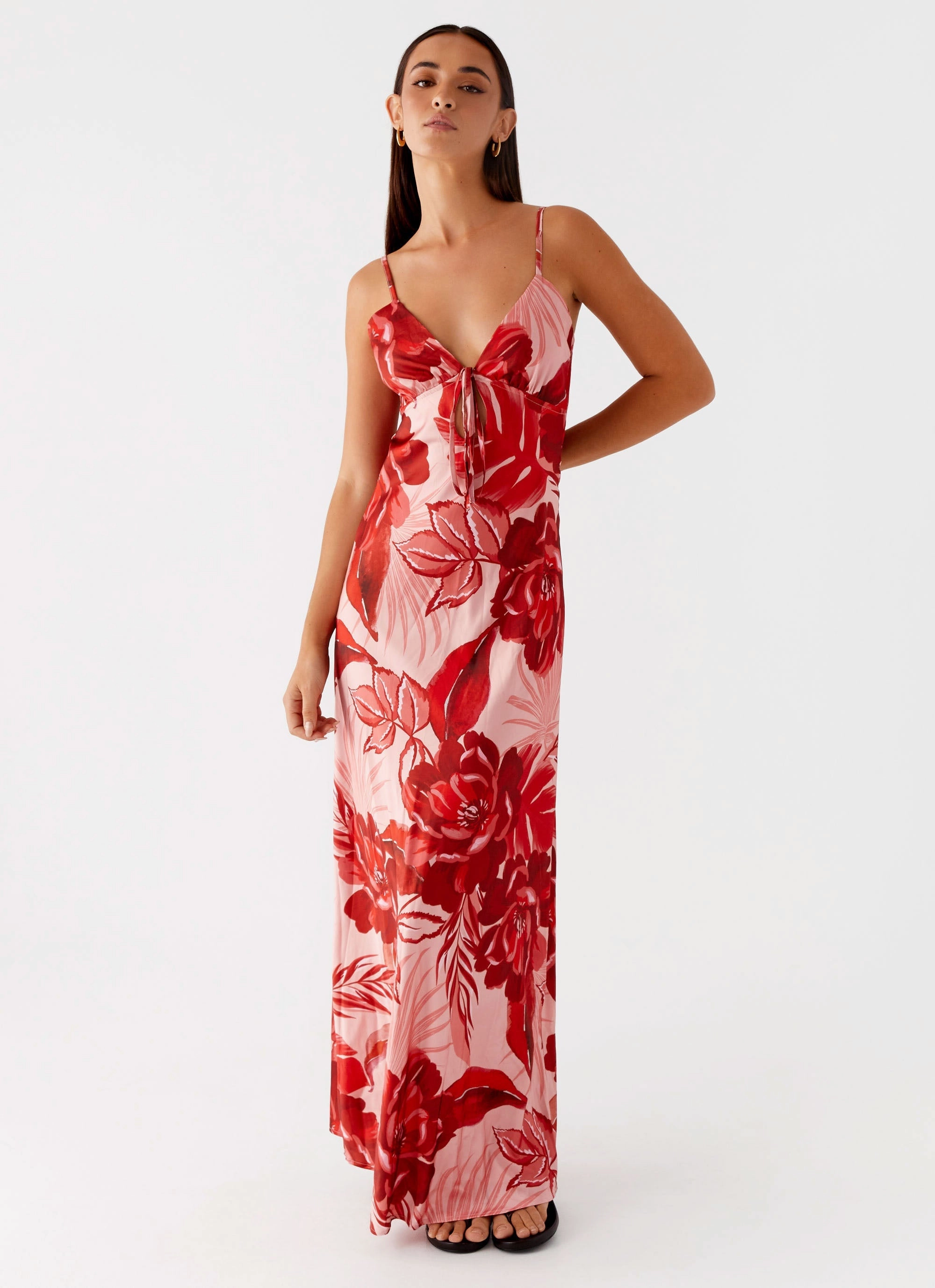 Flora Satin Maxi Dress - Sicily Sunsets Print V Neckline All Fitwear