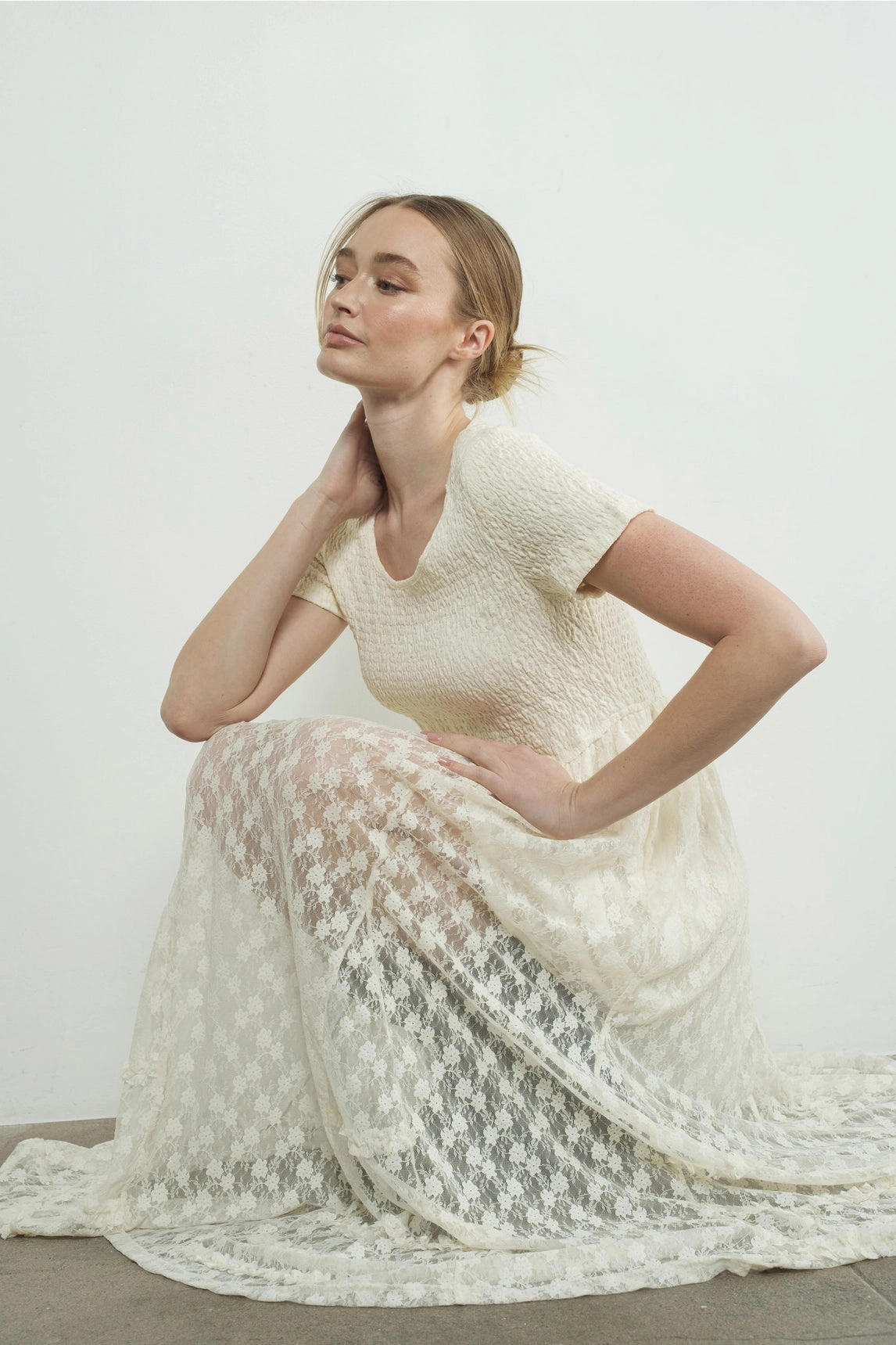 Office Fit Bishop-Sleeve Floral Lace Maxi Dress - Cream