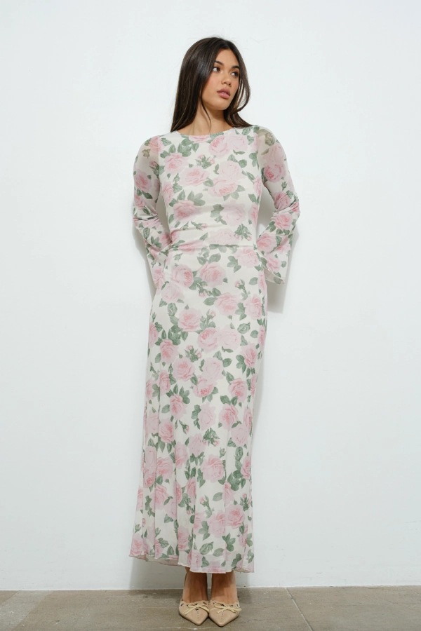 Floral Print Bell Sleeve Maxi Dress Gym Wear
