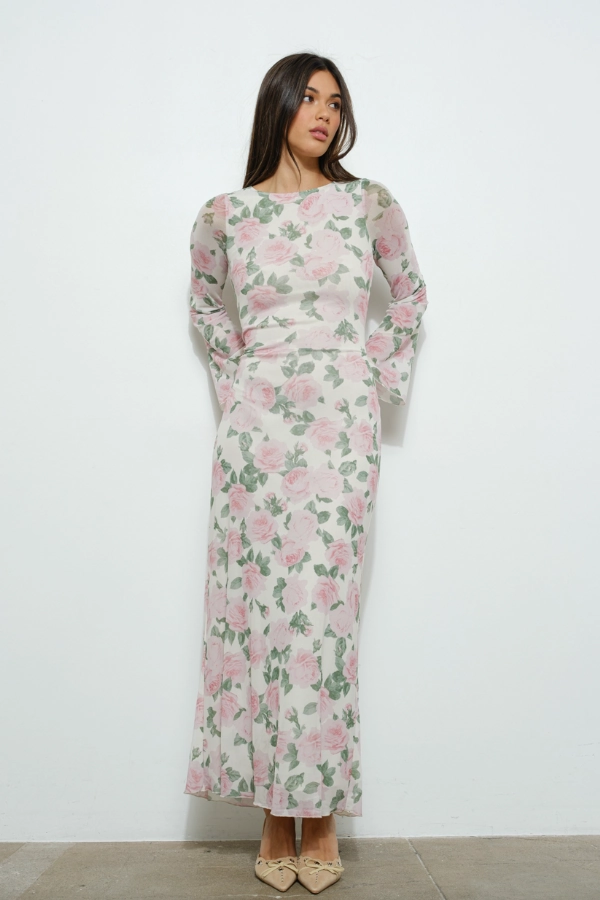 Floral Print Bell Sleeve Maxi Dress Shine Finish Minimal Aesthetic