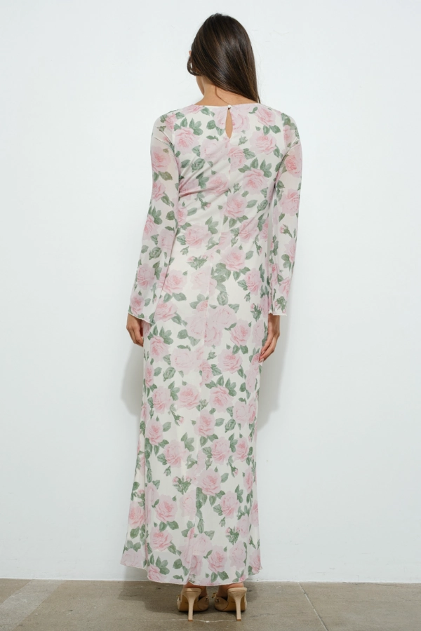 Artistic Detail Floral Print Bell Sleeve Maxi Dress