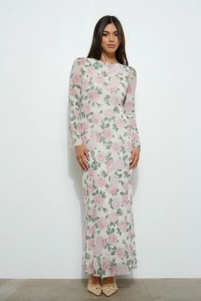 Floral Print Bell Sleeve Maxi Dress Tactile Feel