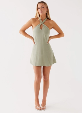Counting Stars Linen Halterneck Dress - Sage Vacation Vibes Fall Tone
