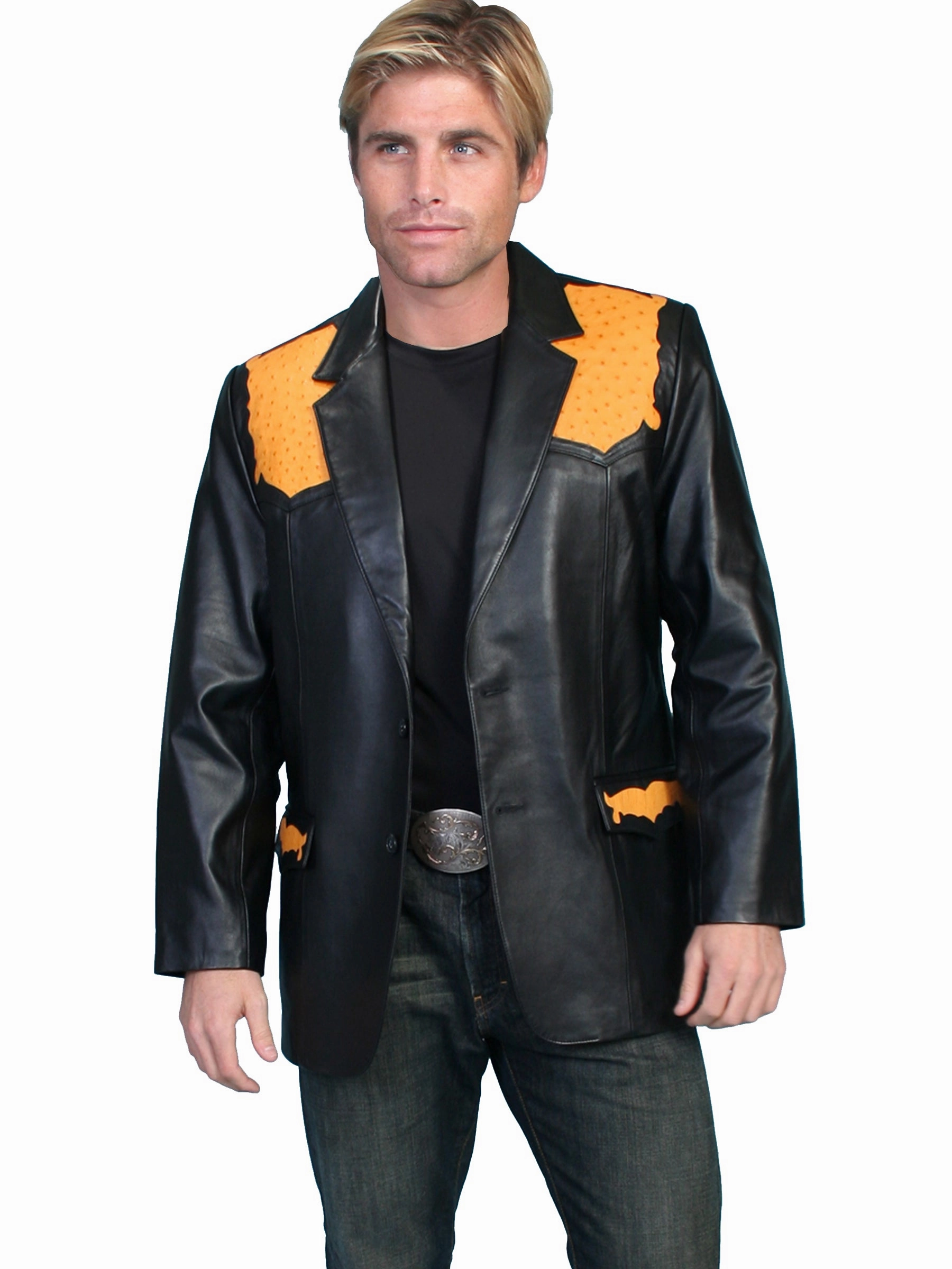 Oversized Fit Eco Friendly Fabric Scully Leather Mens Black Lambskin Ostrich Trim Western Blazer