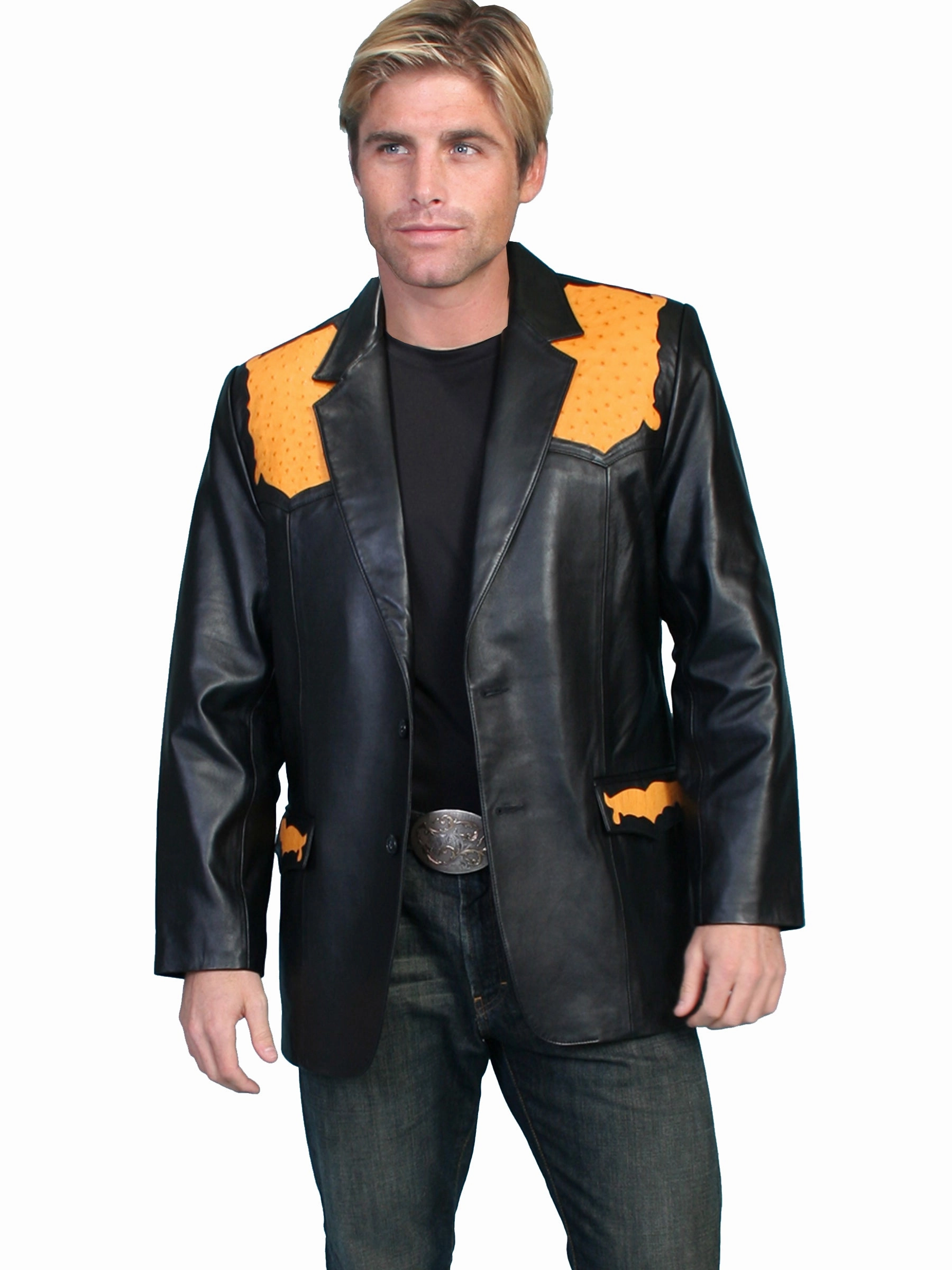 Scully Leather Mens Black Lambskin Ostrich Trim Western Blazer Soft Interior Coating