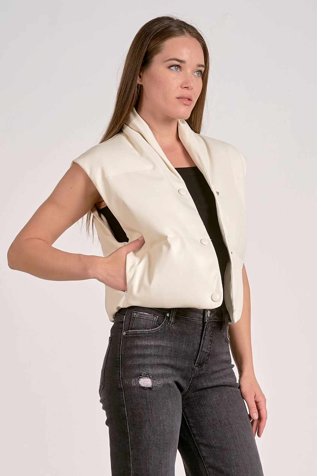 Fran Puffer Vest - White HighStrength Threadwork V-neck Blouse