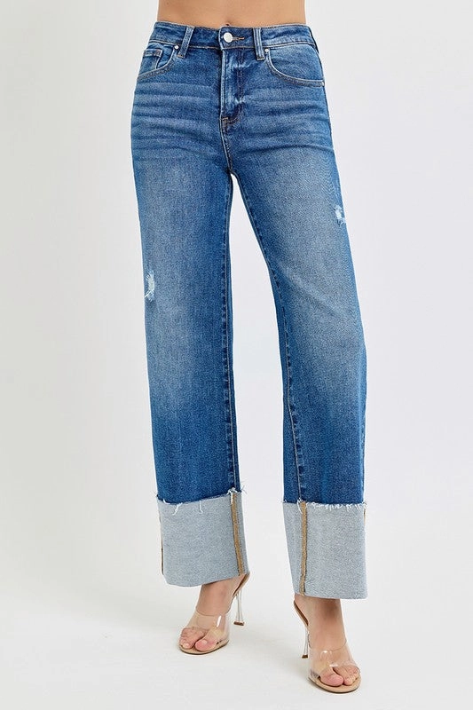 Flexible Knit Fabric FRANKIE HIGH RISE ANKLE WIDE CUFFED JEANS