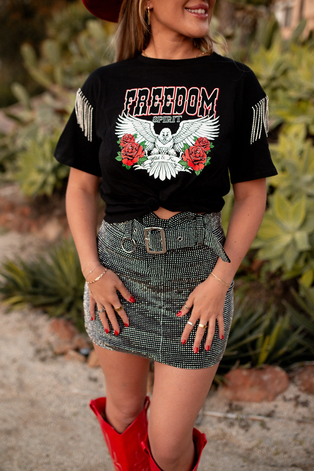 OdorResistant Technology Vintage Pullover Freedom Spirit Rhinestone Fringe Tee