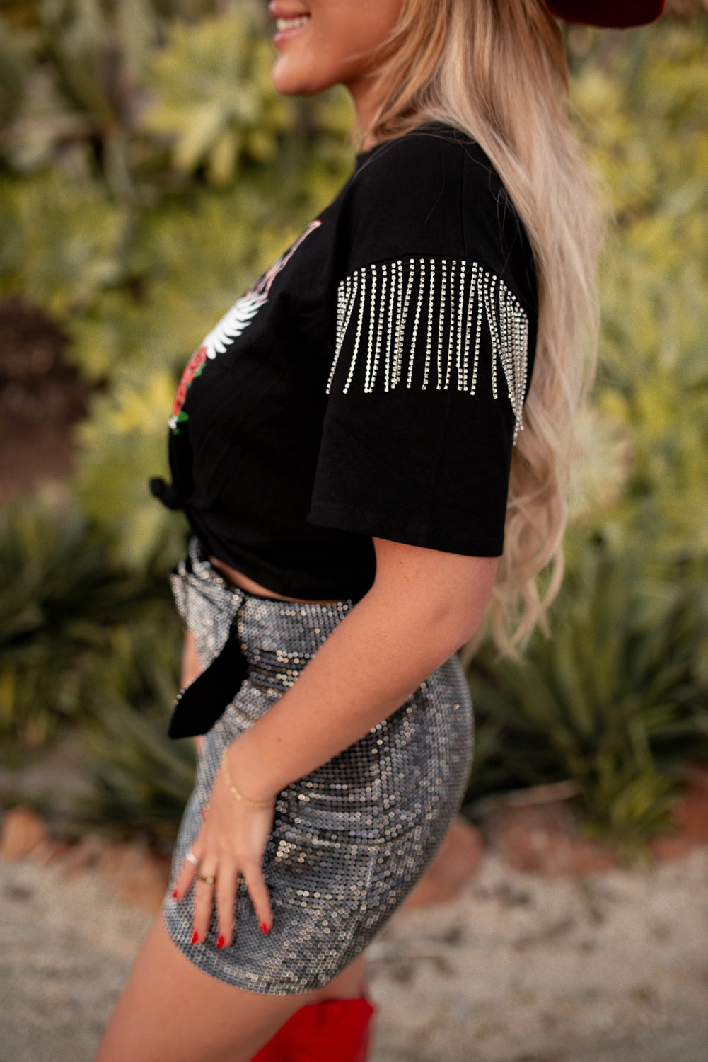 Freedom Spirit Rhinestone Fringe Tee Stretch Fabric Biodegradable Fiber Blend