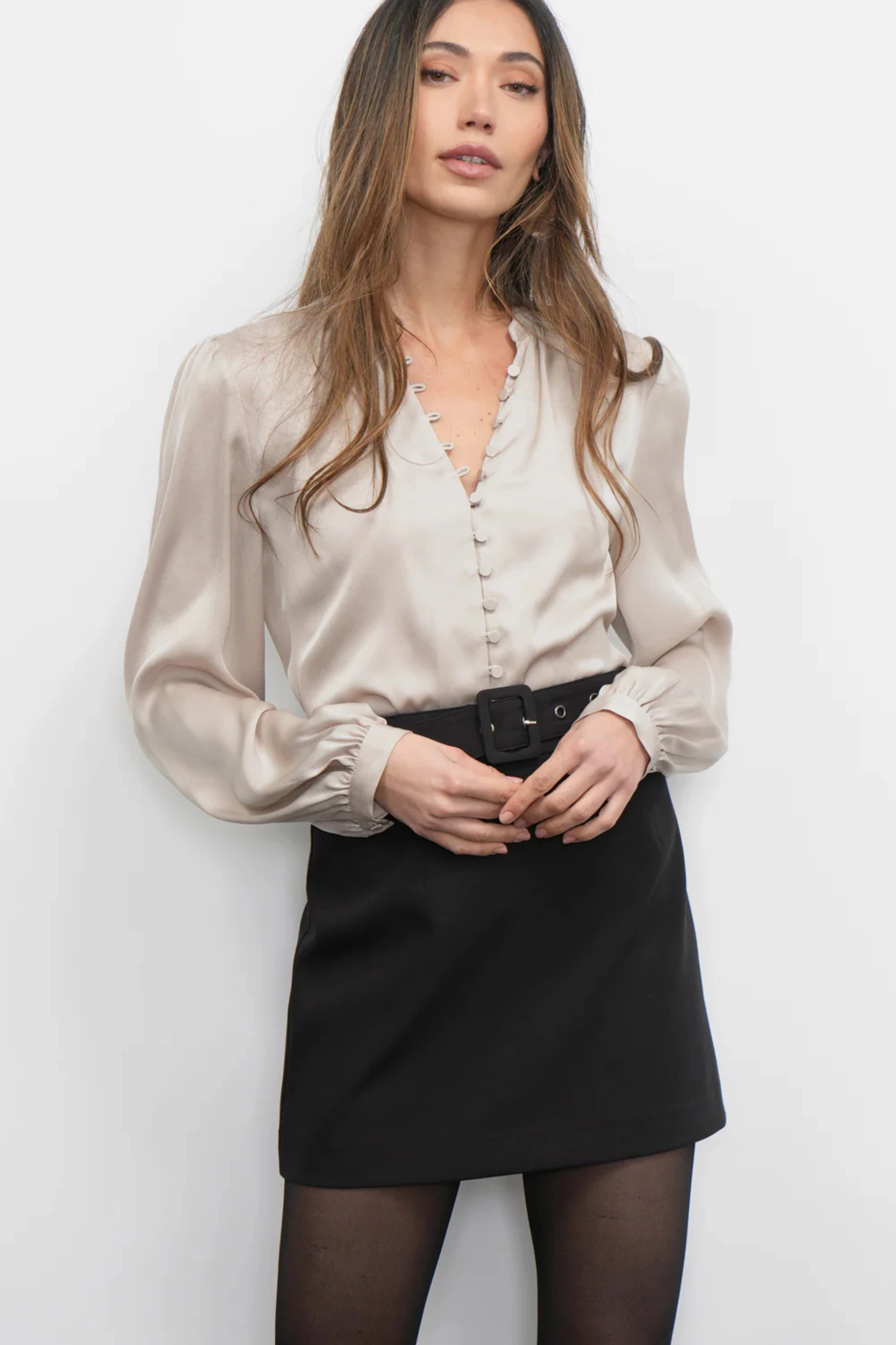 Aryanna Button Front Blouse - Chalk MoistureWickingTechnology