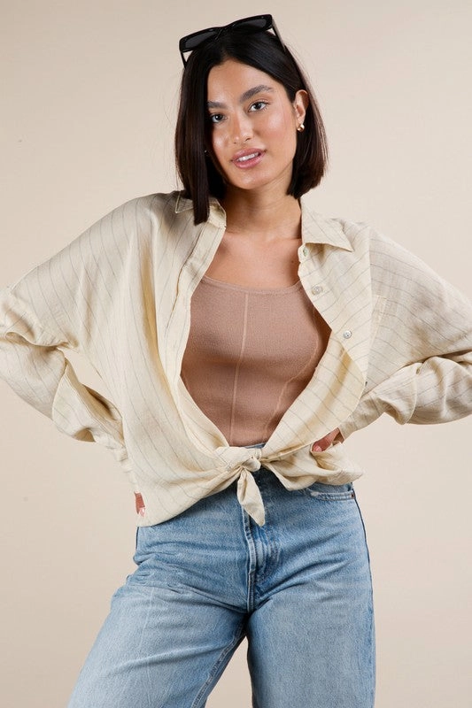 Timeless Fit Laser Cut Edges Olivia Oversized Striped Button Down Shirt Top