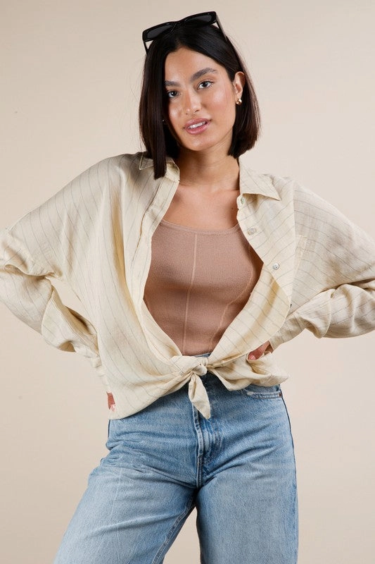 Olivia Oversized Striped Button Down Shirt Top cylindrical Athletic Performance Blend