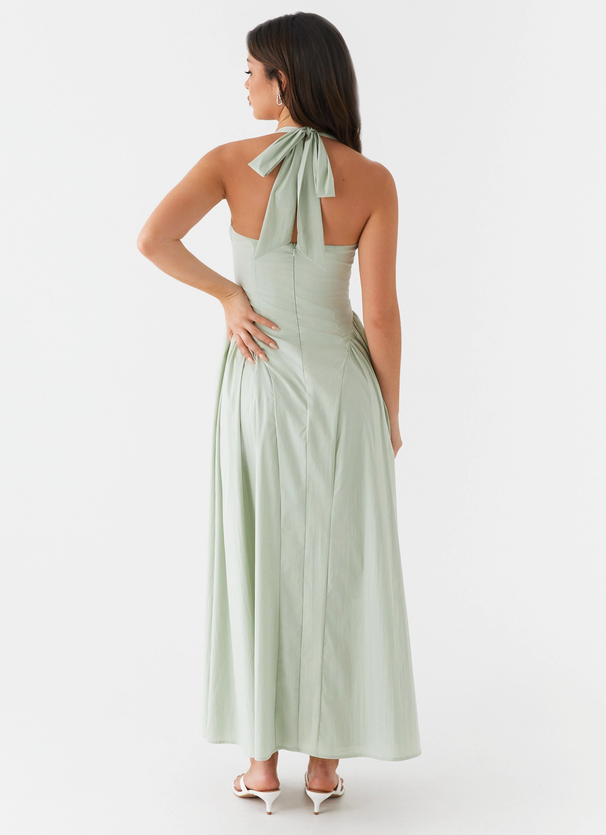 Form Fitting Contrast-Lining Olenna Halterneck Midi Dress - Sage