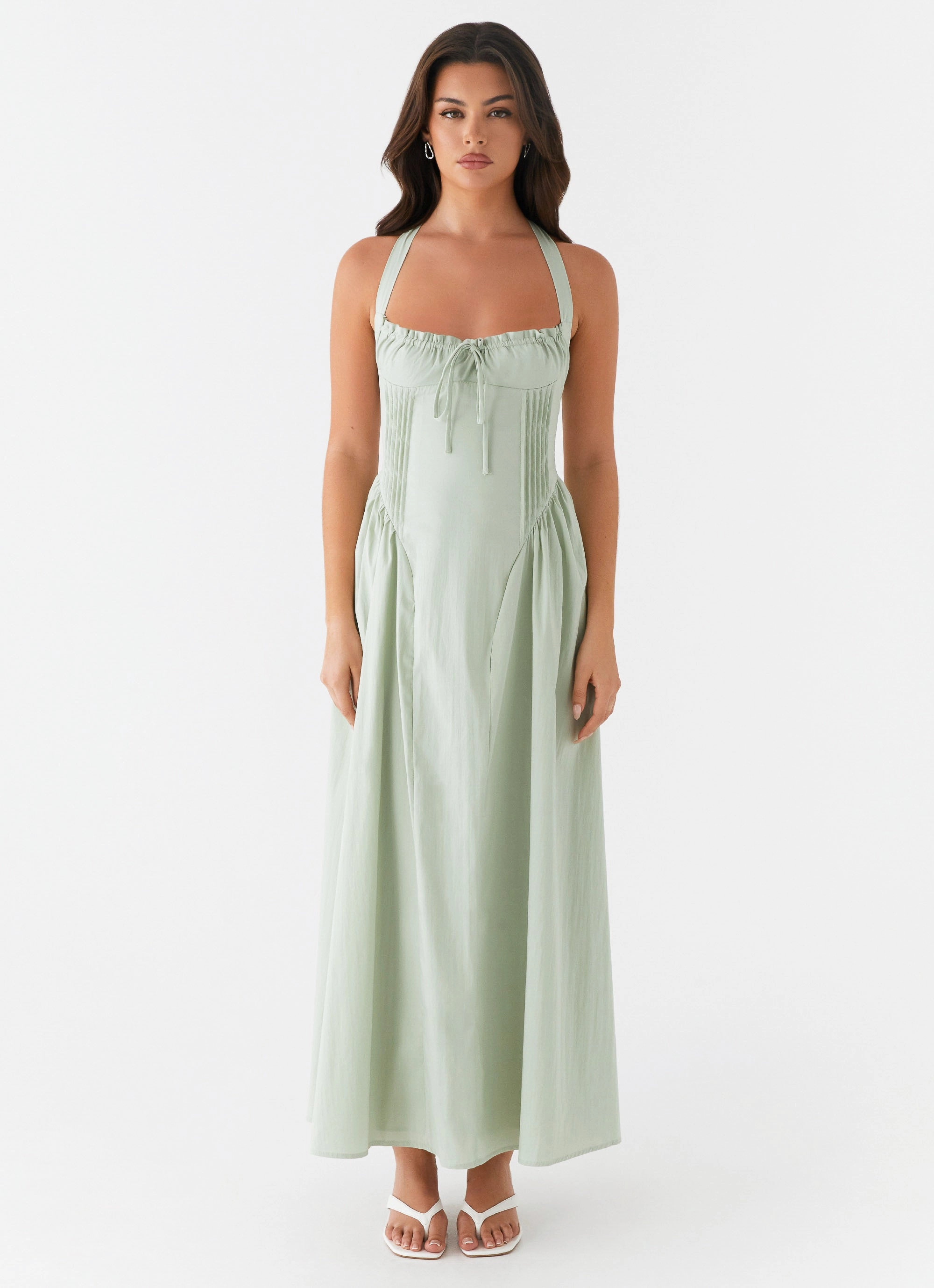 Stylish Comfort Work Favorite Olenna Halterneck Midi Dress - Sage
