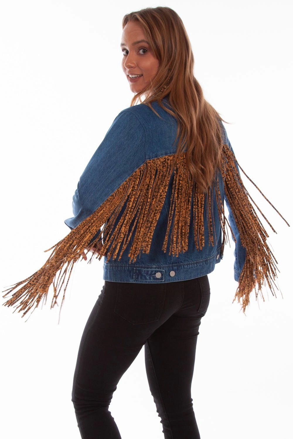 Scully Womens Denim Cotton Blend Leopard Fringe Jacket Sleek Style