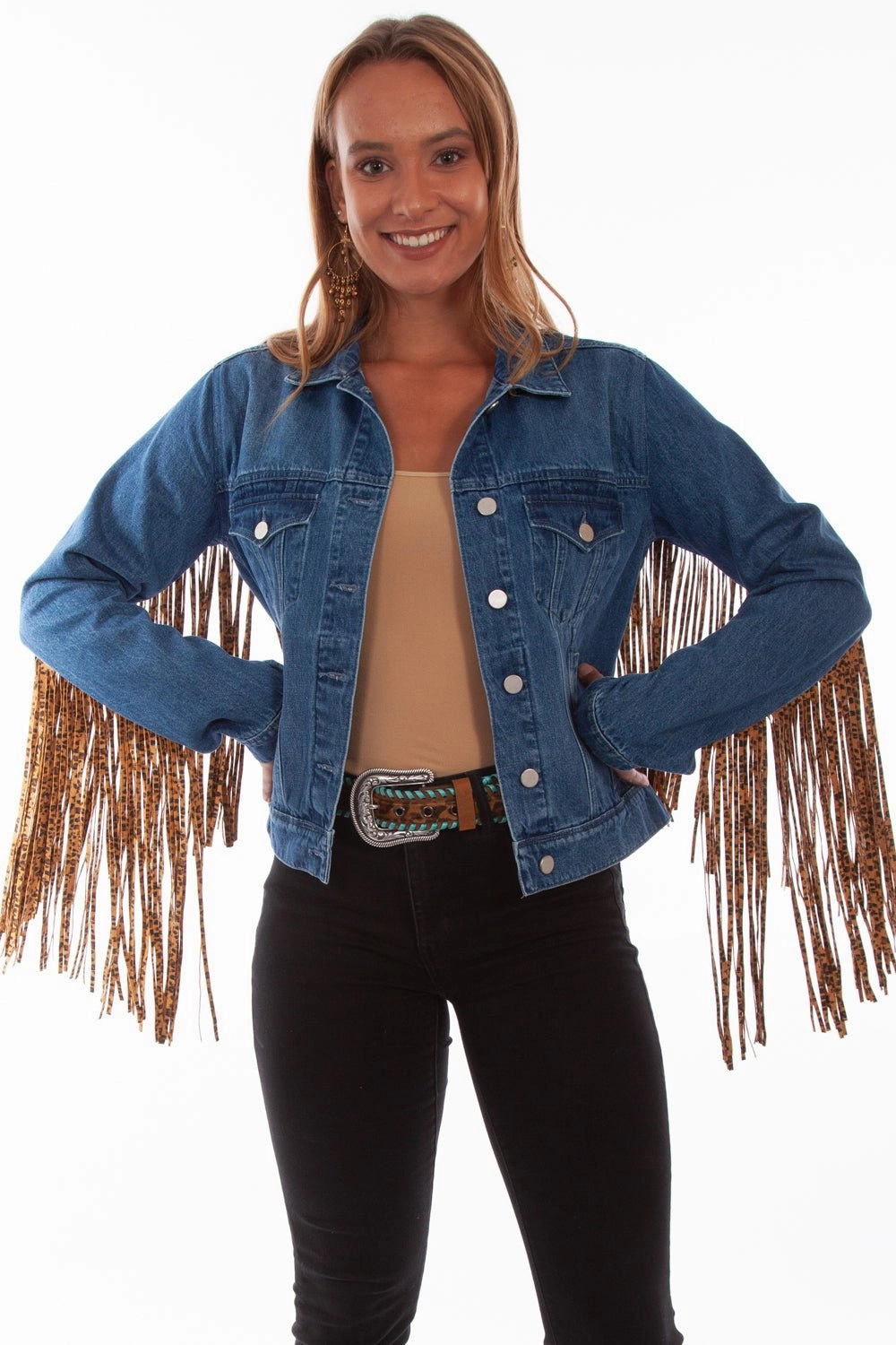 Layered Neckline Scully Womens Denim Cotton Blend Leopard Fringe Jacket
