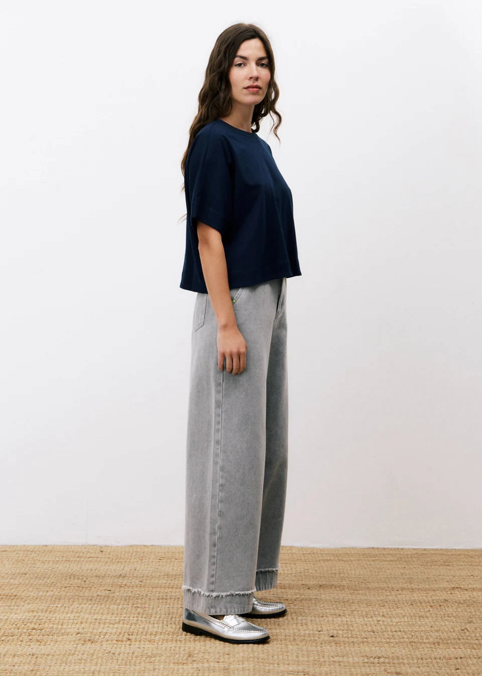 FRNCH Shade Top - Blue Unstructured Silhouette Ribbed Collar Style