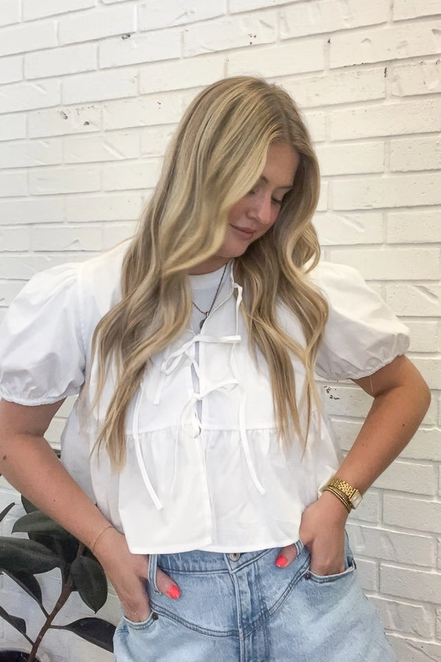 Hybrid Fabric Blend Contrast Stitch Front Tie Peplum Blouse