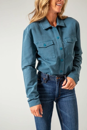 Kimes Ranch Womens Cloverleaf Shirt Dark Blue 100% Cotton Jacket YKK Fasteners Bonded Hemline