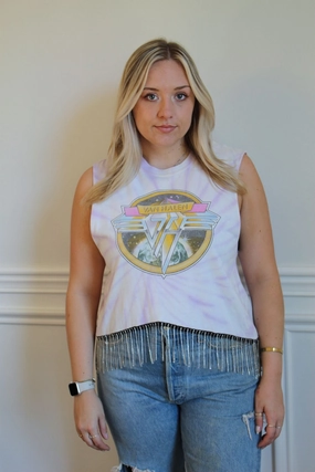 Van Halen Rhinestone Fringe Tank Yarn Dyed Fabric WideNeckOpening