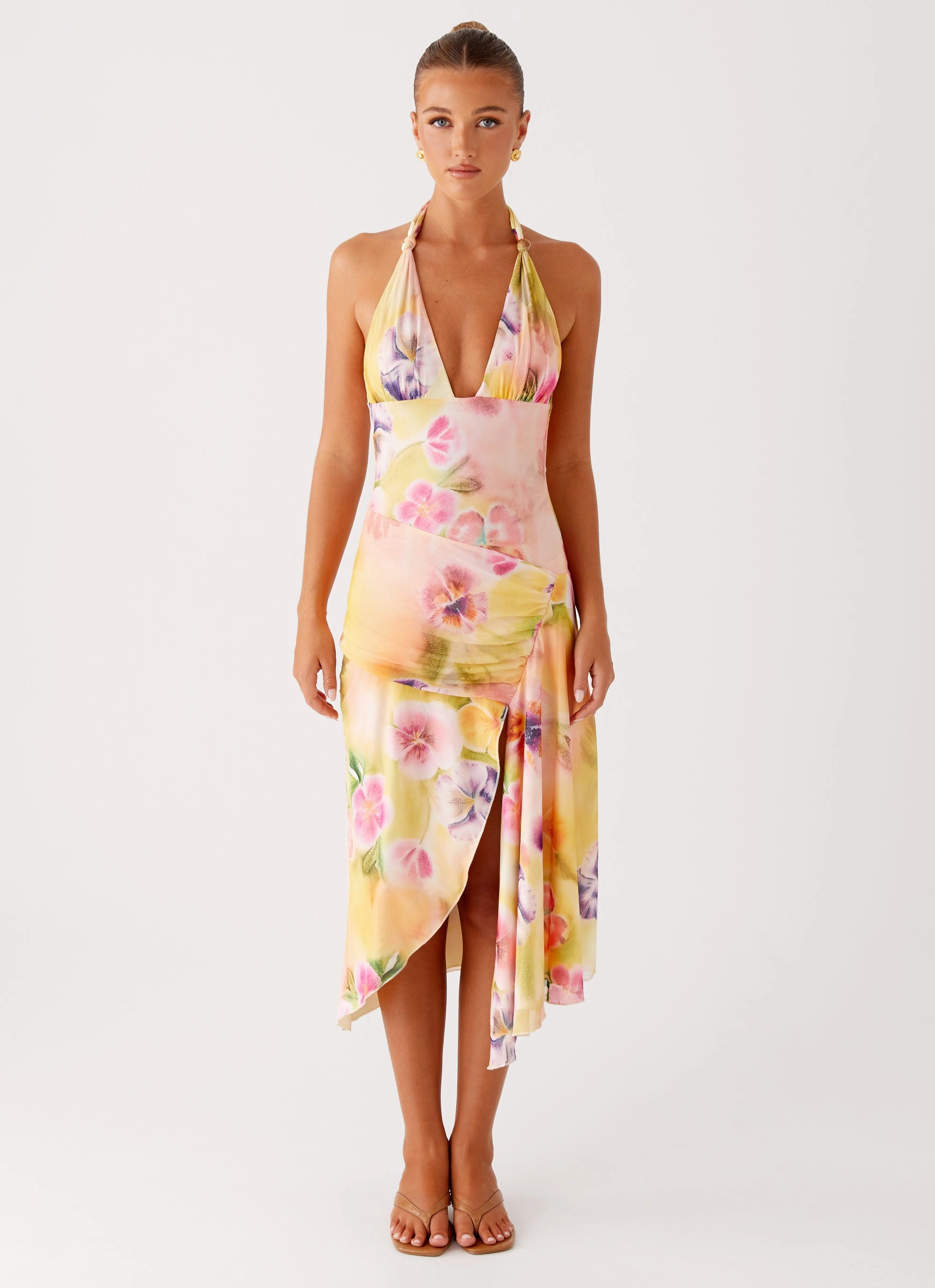 Kayce Midi Dress - Sunburst Floral Jewel Accent Walkable Flow