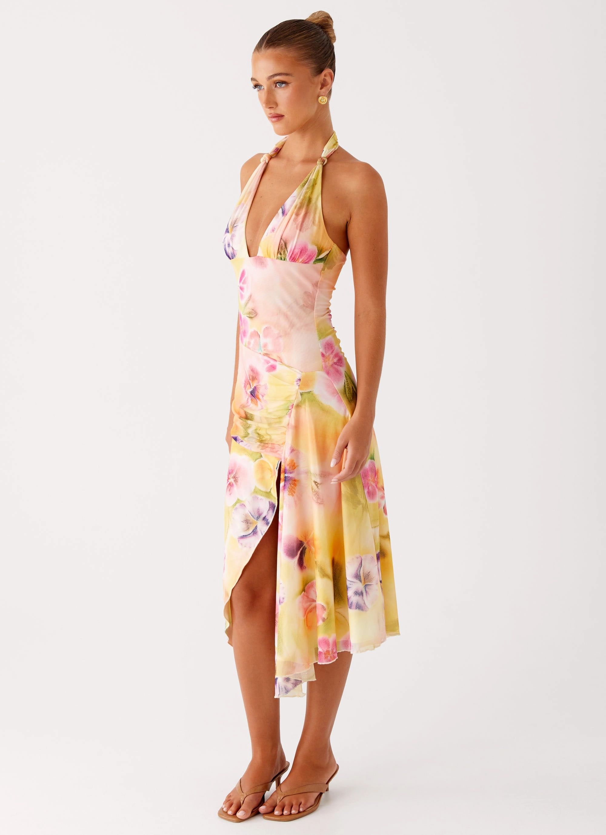 Chilly Day Layers Sweetheart-Neck Kayce Midi Dress - Sunburst Floral